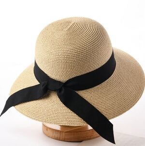 Furtalk Wide Ribbon Straw Beach Sun Hat in Mixed Beige/Black Size L/XL
